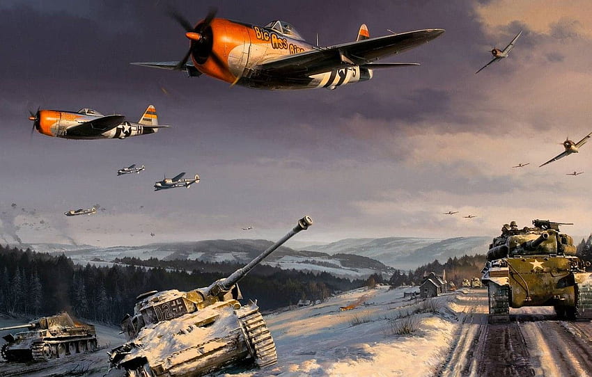 figure, art, Lightning, Thunderbolt, World War II, Sherman, P38, the battle for the Ardennes, P47 for , section авиация - , World War 2 Battle HD wallpaper