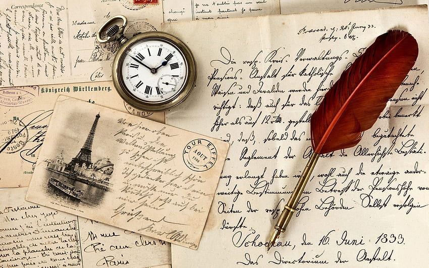 vintage, old paper, pen, watch, writing, stamp, Old Document HD wallpaper