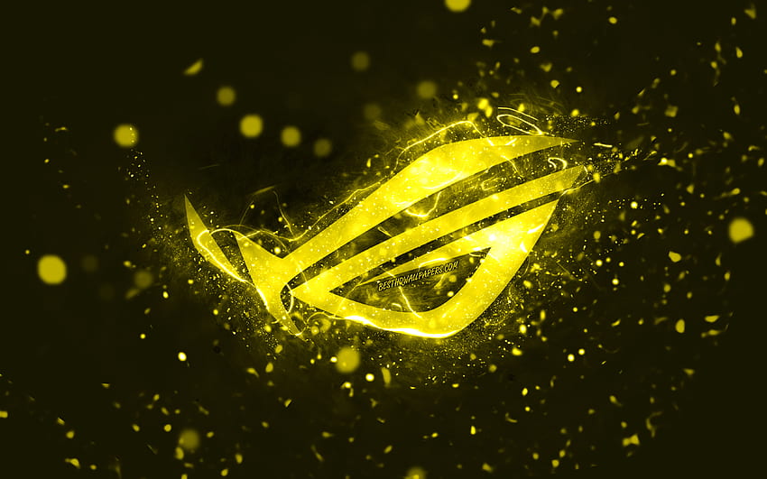 Logo giallo Rog, luci al neon gialle, Republic Of Gamers, creativo, astratto giallo, logo Rog, logo Republic Of Gamers, Rog Sfondo HD