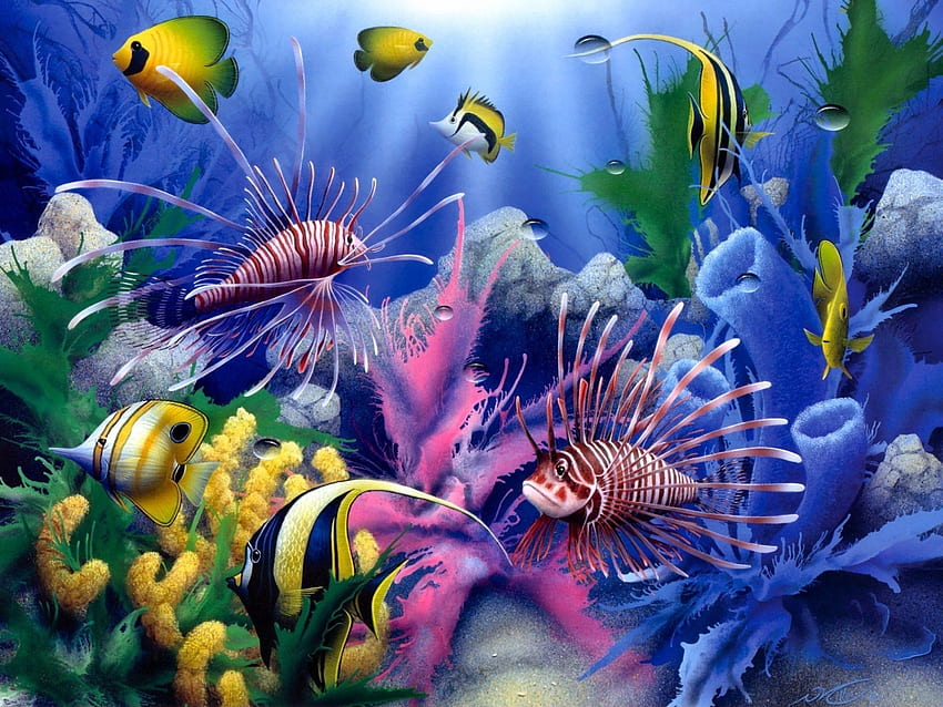Lions of the Sea David Miller Malerei Kunst Tiere Fische tropisch Leben im Meer Leben Farbe Unterwasser Korallenriff Ozean s. Feuerfische, Fischmalerei, 3D-Natur HD-Hintergrundbild