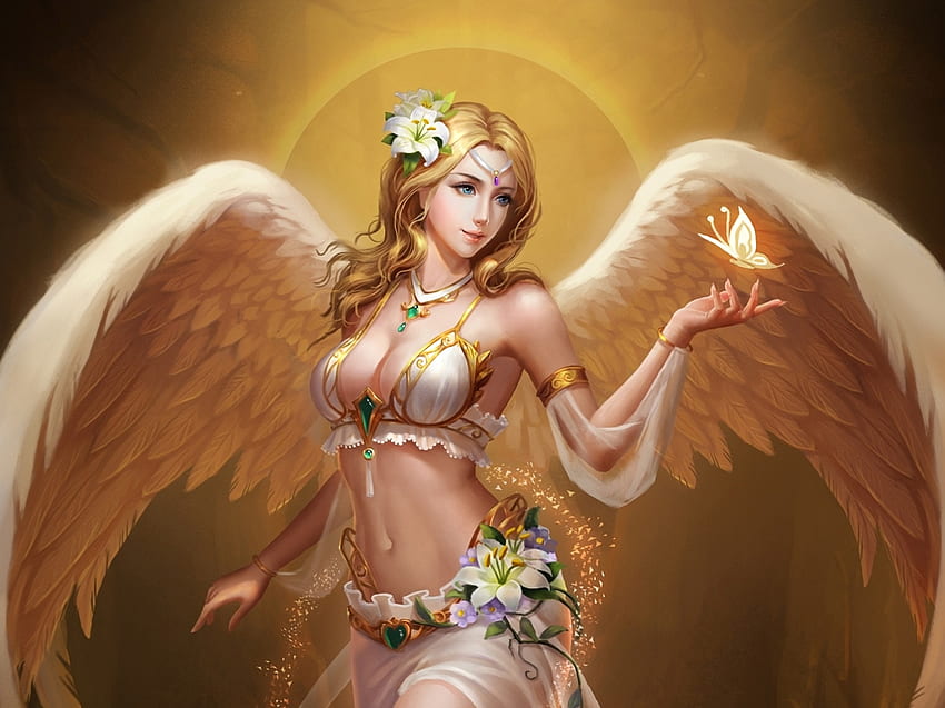 Angel, wings, frumusete, league of angels, girl, feather, butterfly, fantasy, flower, game, luminos HD wallpaper