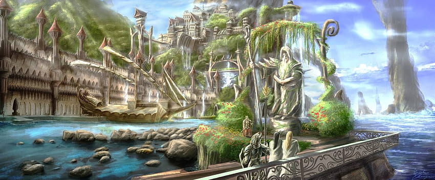 The Elven city of Alqualondë, in land of Valinor between, ocean and Pelori mountain by MrSvein8. Digital art fantasy landscape, Elven city, Fantasy art landscapes HD wallpaper
