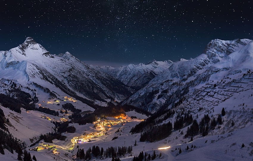 winter, the sky, stars, light, snow, mountains, night, town for , section пейзажи, Snowy Mountain Night HD wallpaper