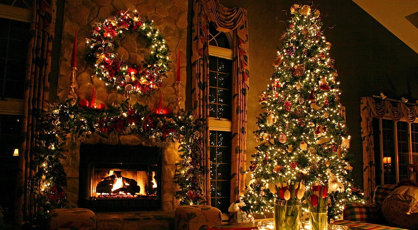 休日, 花, 装飾, 休日, 家, クリスマスの飾り, クリスマスツリーのおもちゃ, クリスマスツリー, 心地よさ, 快適さ, 暖炉 高画質の壁紙