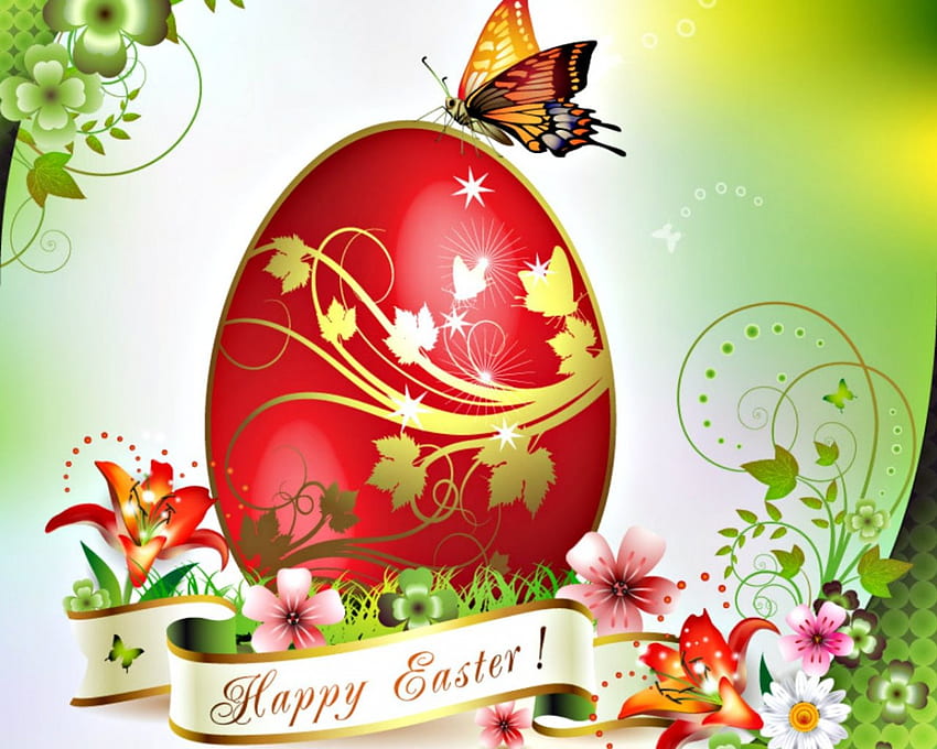 Честит Великден, яйце, цветя, пеперуда, Великден HD тапет