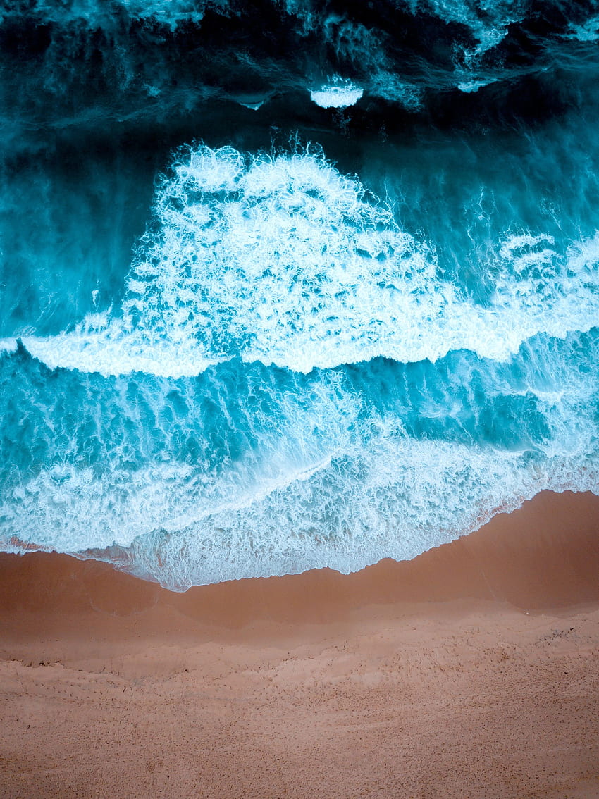 natureza, água, ondas, praia, areia, vista de cima Papel de parede de celular HD