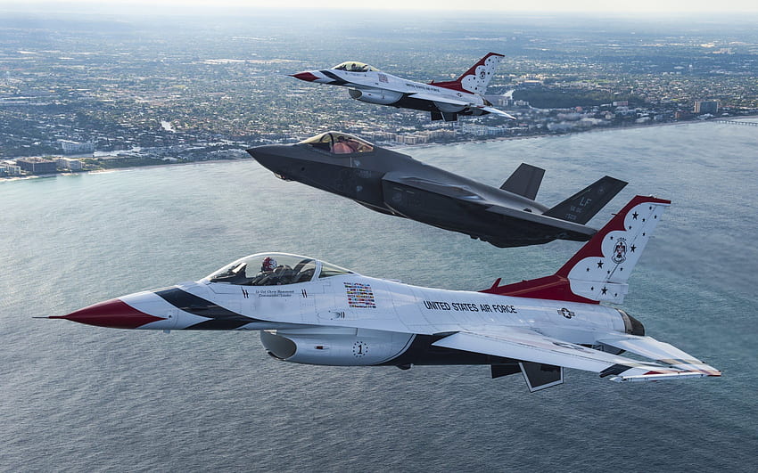 F 16, F 35A, Thunderbird, Въздушна демонстрационна ескадрила на USAF, Военновъздушни сили на САЩ, Военен самолет, Изтребител, Демонстрационна ескадрила, Висш пилотаж за с резолюция . Високо качество HD тапет
