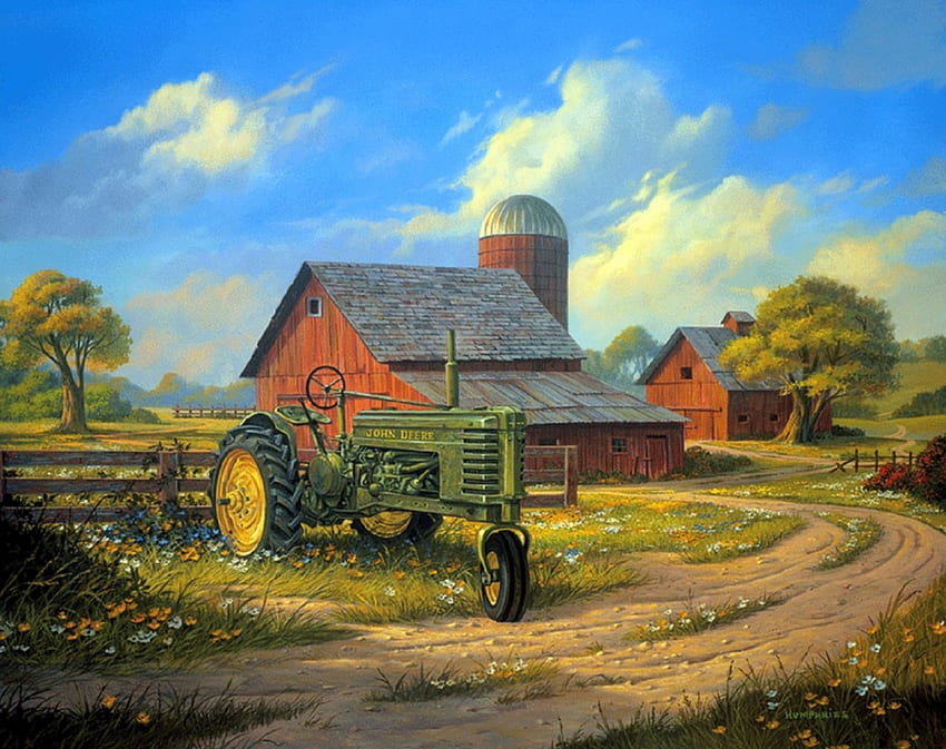 スピリット オブ アメリカ、愛の四季、夢の中のアトラクション、雲、農場、絵を描いて絵を描く、空、花、道 高画質の壁紙