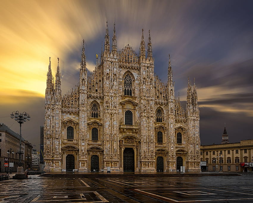 Church Italy Town square Milan Cathedral temple Evening Street, Milan City HD wallpaper