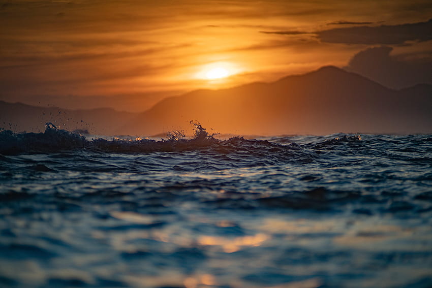 Nature, Sea, Sun, Waves, Splash, Hill HD wallpaper