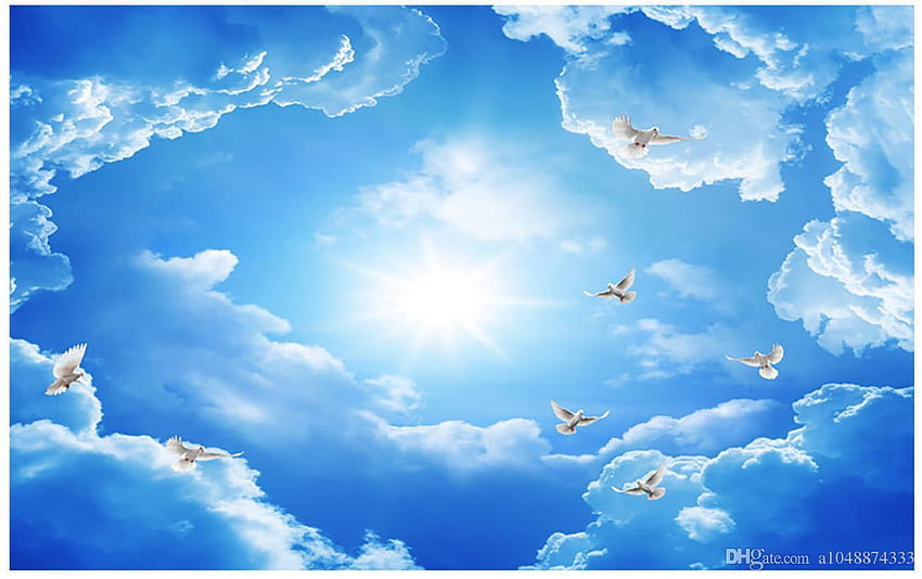 Blue white color sky clouds sunny day elegant look ceiling decorative  texture surface oil painting home décor wallpaper