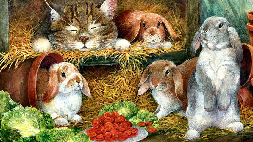 everything peaceful, farm, cats, animals, rabbits HD wallpaper