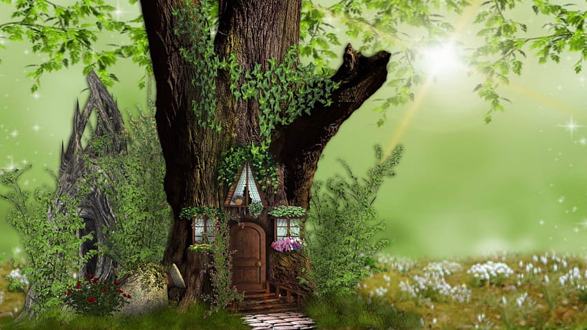 Lasy Wróżka Dom Natura Domek na drzewie Fantasy Lasy Tapeta HD