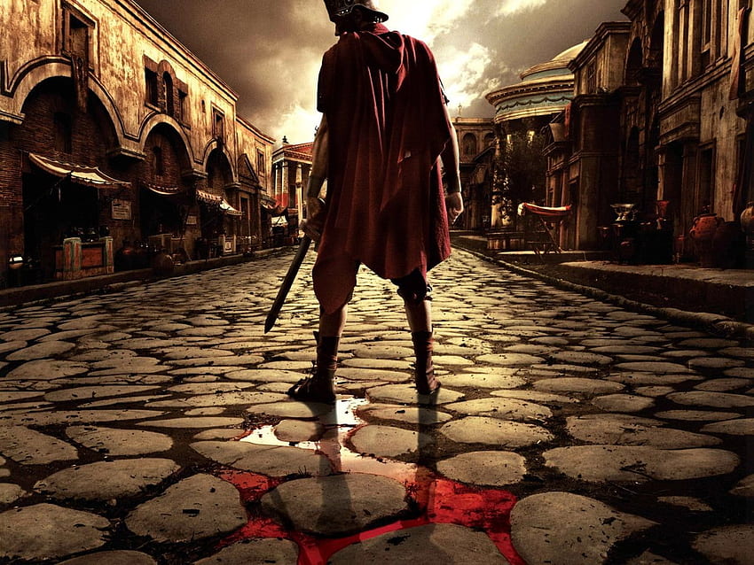 Römischer Soldat mit Schwert und rotem Umhang stehend, Straßen von Rom HD-Hintergrundbild