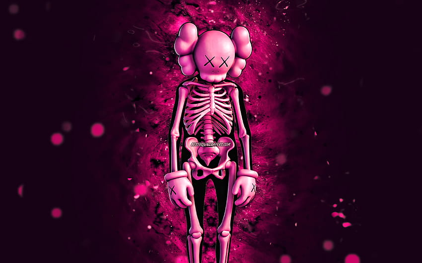 Pink KAWS Skeleton, , purple neon lights, Fortnite Battle Royale, Fortnite characters, Pink KAWS Skeleton Skin, Fortnite, Pink KAWS Skeleton Fortnite HD wallpaper