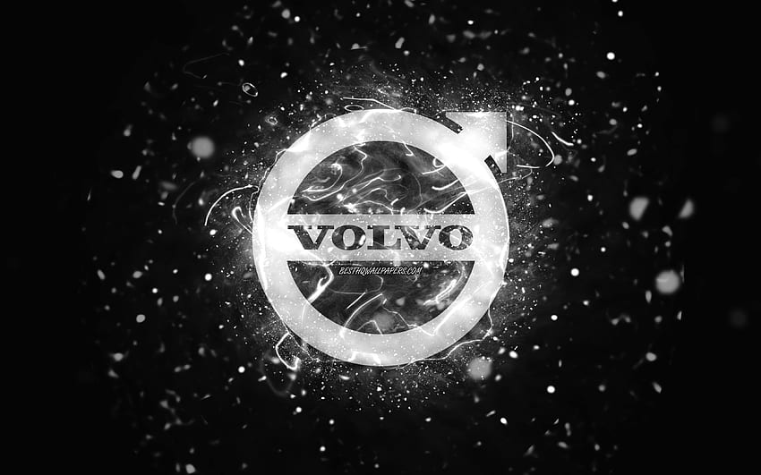 Volvo white logo, , white neon lights, creative, black abstract background, Volvo logo, cars brands, Volvo HD wallpaper