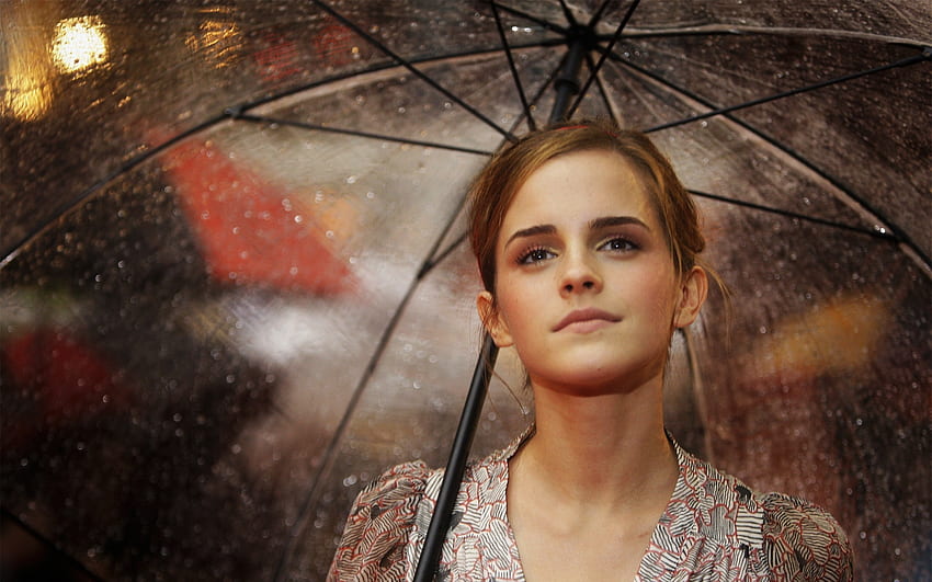 Emma Watson, payung, hujan, rintik hujan, tetes, cantik, orang, aktris, selebriti, model Wallpaper HD