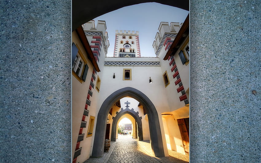 Bavyera Kapısı, Landsberg, Almanya, kule, kapı, saat, Almanya, dönüm noktası HD duvar kağıdı