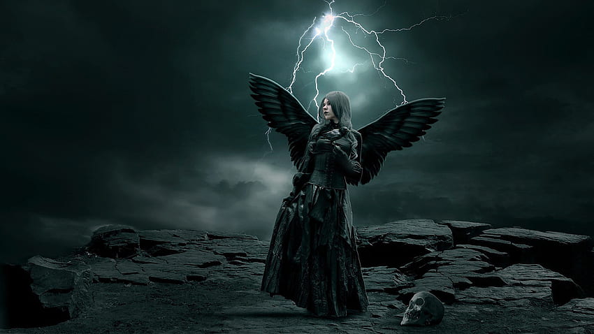 Rocks Stones Girl Wings Angel Skull Sky Clouds Lightning Storm Dark Gothic At Dark HD wallpaper