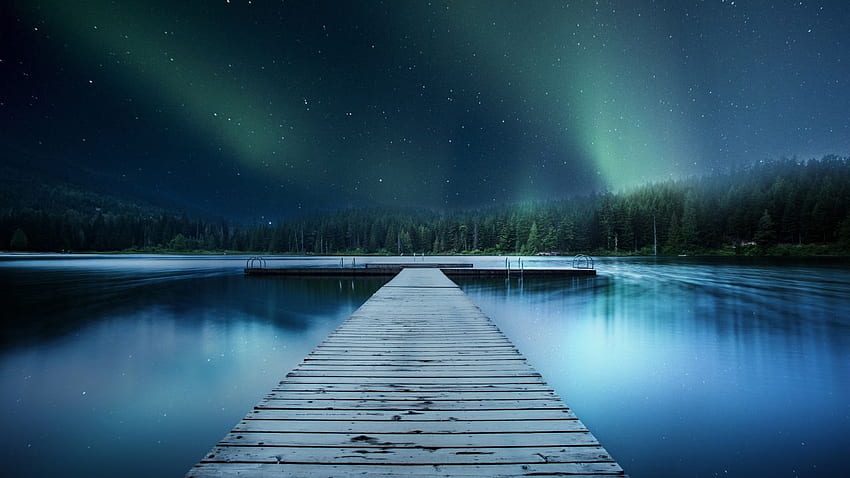 Dock, Pier, Landscape, Northern Lights, Aurora, Lake, Forest, Evening, , Nature / Editor's Picks,. for iPhone, Android, Mobile and HD wallpaper