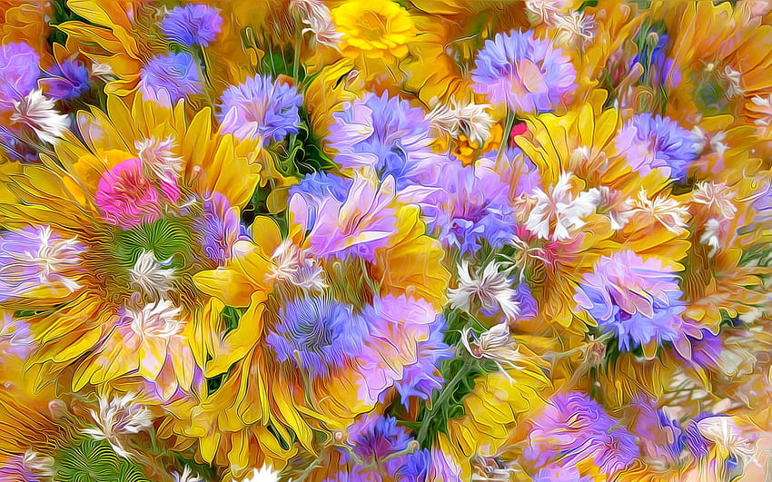 ดอกไม้ สีม่วง วาด ศิลปะ ฟิลด์ สีเหลือง ดอกไม้ โปสเตอร์ วอลล์เปเปอร์ HD