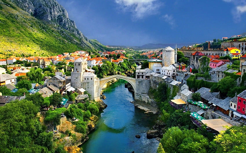 град, Градски пейзаж, Босна, Мост, Река, Стари мост, Архитектура, Босненски пейзаж HD тапет