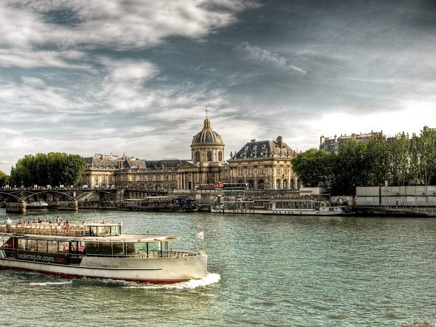 RIVERSIDE IV WP,PARIS, bâtiments, arbres, bateau, rivière Fond d'écran HD