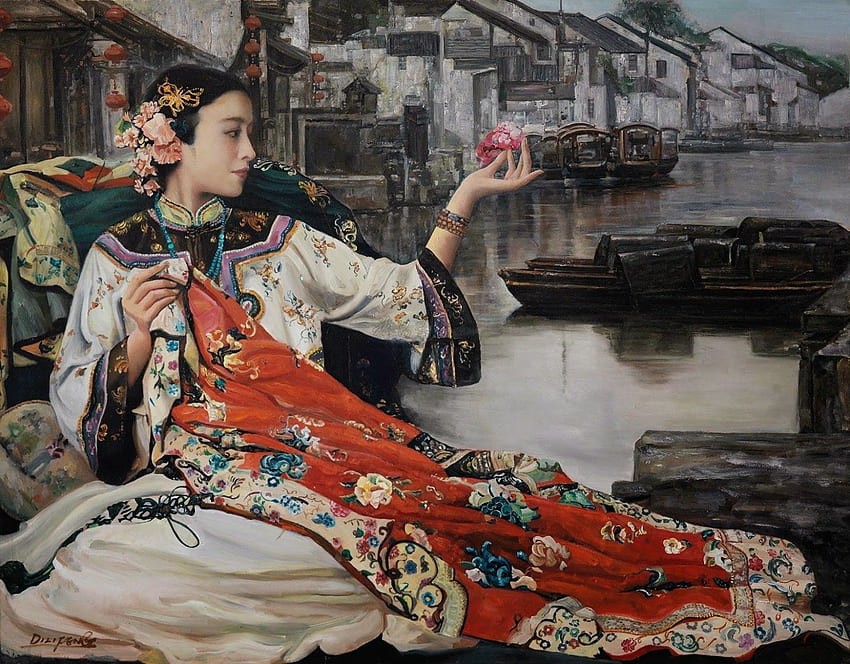 ความงาม เด็กผู้หญิง frumusete ชาวเอเชีย ศิลปะ งดงาม ยอดเยี่ยม พัดมือ di li feng วาด สีแดง รูป dili feng evantai วอลล์เปเปอร์ HD