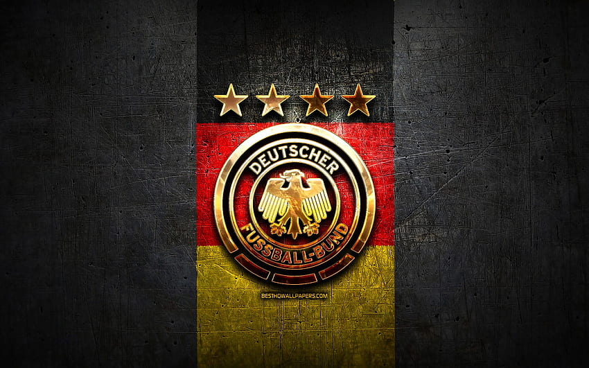 ฟุตบอลทีมชาติเยอรมนี โลโก้สีทอง ยุโรป ยูฟ่า พื้นหลังโลหะสีเทา ทีมฟุตบอลเยอรมัน ฟุตบอล โลโก้ DFB ฟุตบอล เยอรมนี ด้วยความละเอียด . คุณสูง วอลล์เปเปอร์ HD