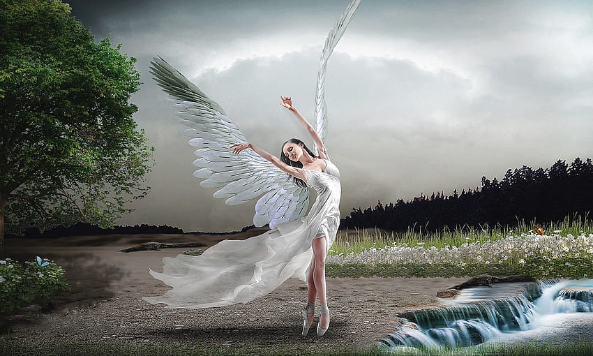 Dancing Ballerina Angel, putih, digital, keindahan kelembutan, Sayap, Ballerina, kemurnian, indah, menggali, halus Wallpaper HD
