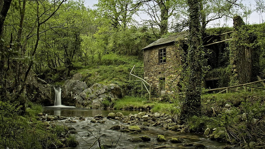 Forest, Waterfall, By, Ruins, Of, A, Stone, Cottage, , , Home , House , Shed, Country Houses, St - The HD wallpaper
