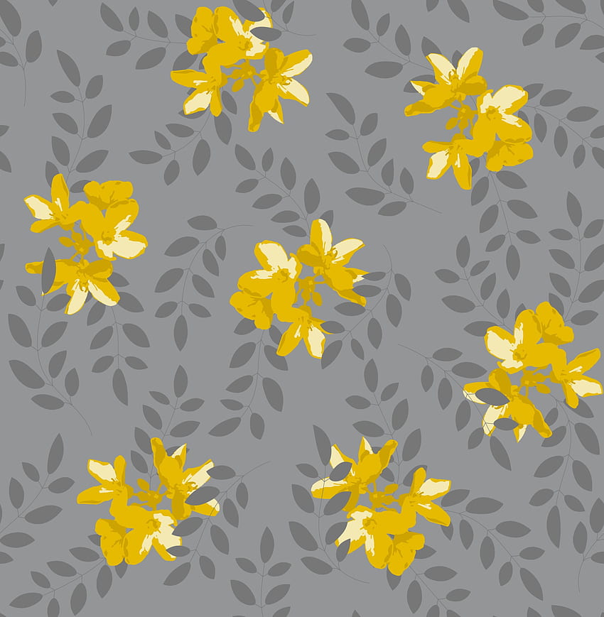 회색 배경에 노란색 꽃과 회색 잎이 있는 식물학적 매끄러운 패턴입니다. 배경, 섬유 또는 포장지에 적합합니다. Vecteezy의 2369278 벡터 아트 HD 전화 배경 화면