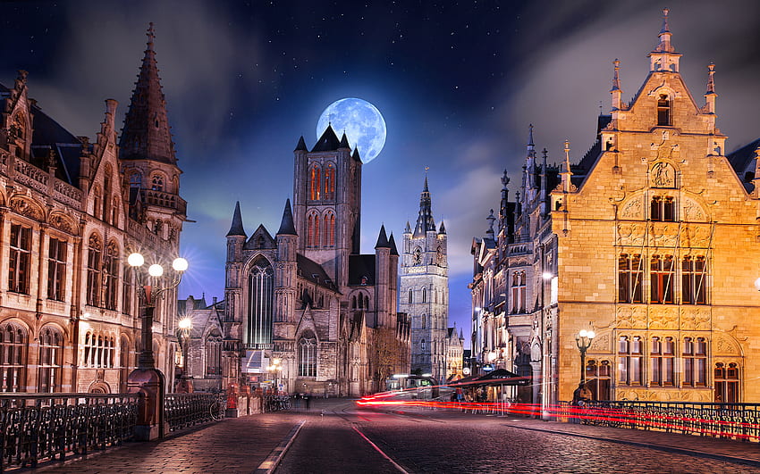 Ghent City Flanders Belgium Night With Full Moon, Belgium Christmas HD wallpaper