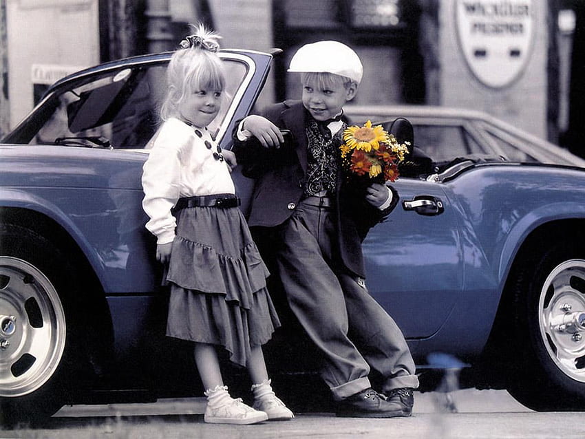 Young Love, menino, carro, encontro, flores, menina papel de parede HD