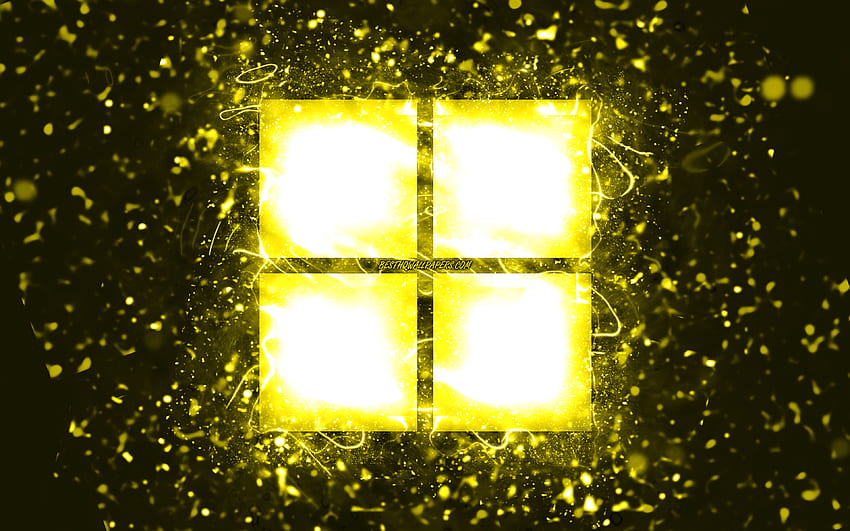 Microsoft の黄色のロゴ、黄色のネオン ライト、クリエイティブ、黄色の抽象的な背景、Microsoft のロゴ、Windows 11 のロゴ、ブランド、Microsoft 高画質の壁紙