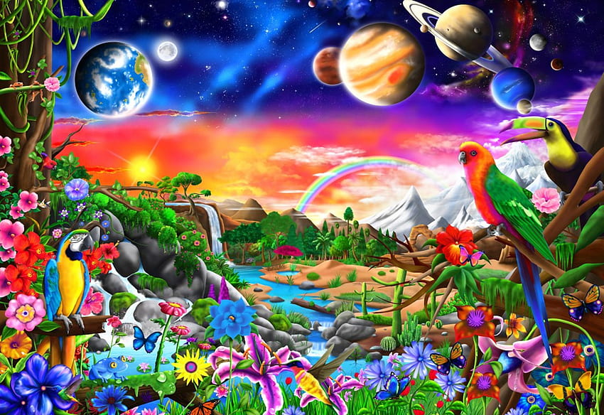 Cosmic Paradise, parrots, planets, birds, colors, flowers, sky HD wallpaper