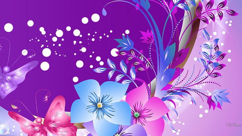 Dots Flowers Butterflies, butterflies, summer, purple, pink, abstract, flowers HD wallpaper