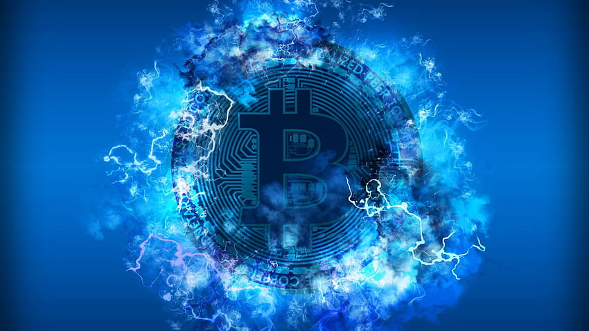 Münze Bitcoin mit Blitzen auf blauem Hintergrund, Finanzen HD-Hintergrundbild