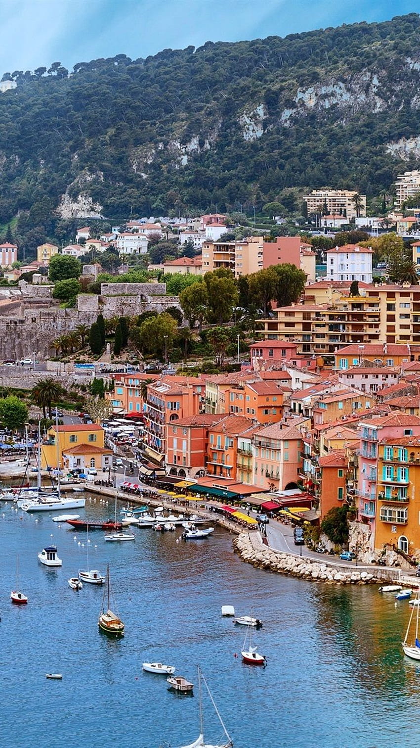 France, Nice, dock, sea, yachts, boats, rocks, houses HD phone wallpaper