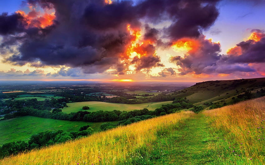 Inggris, West Sussex, Sussex, desa, Hassocks, lembah, golf, lanskap, lapangan, rumput, pagi, matahari terbit, langit, awan alam Wallpaper HD