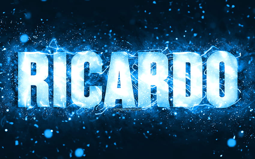 Happy Birtay Ricardo, , blue neon lights, Ricardo name, creative, Ricardo Happy Birtay, Ricardo Birtay, popular american male names, with Ricardo name, Ricardo HD wallpaper