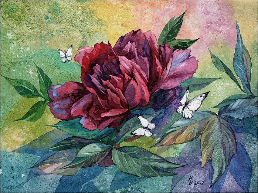 Peony, butterflies, painting, aquarelle, flower, watercolours HD wallpaper