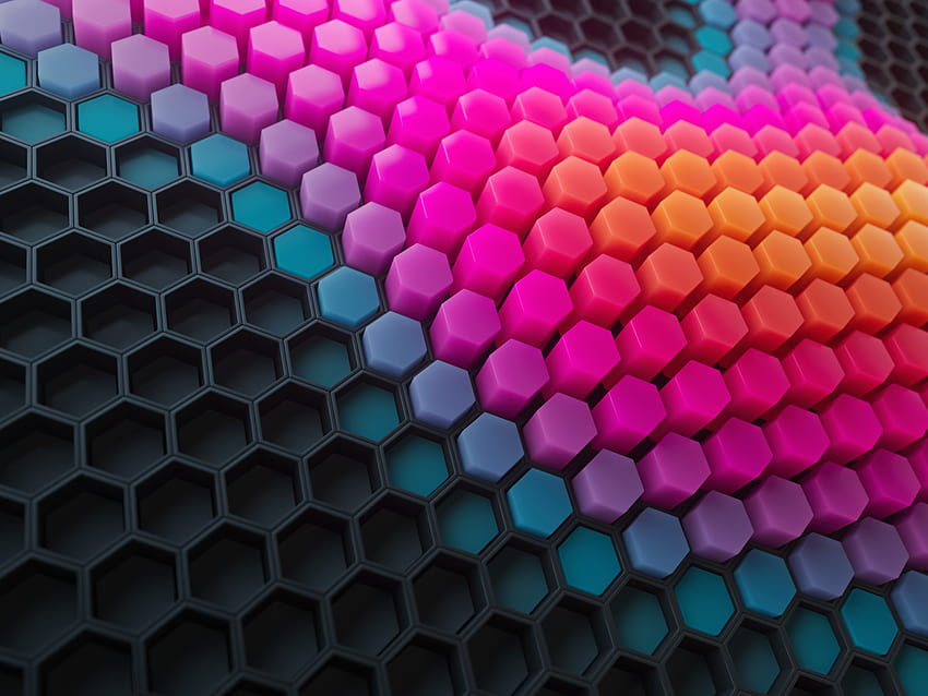 Hexagons , Patterns, Colorful background, Colorful blocks, Black blocks, Geometric, Abstract, Rainbow Hexagon HD wallpaper