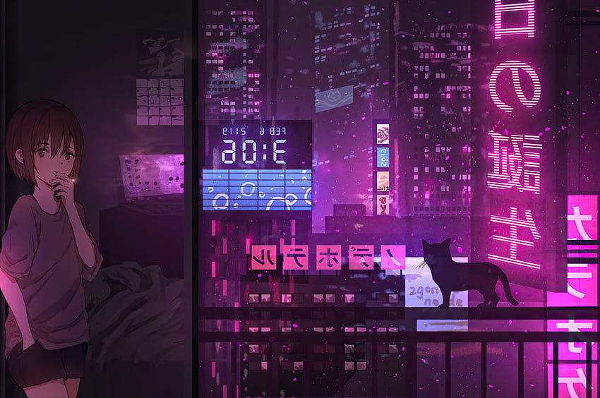 Anime Kız Şehir Gece Neon Cyberpunk Chromebook Piksel , , Arka Plan ve HD duvar kağıdı