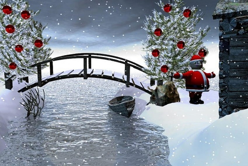 Snow, globes, winter, river, boat, beauty, xmas, holiday, boats, trees, snow flakes, santa, new year, merry christmas, magic, balls, beautiful, happy new year, fantasy, pretty, christmas, ball, red, bridge, nature, lovely HD wallpaper