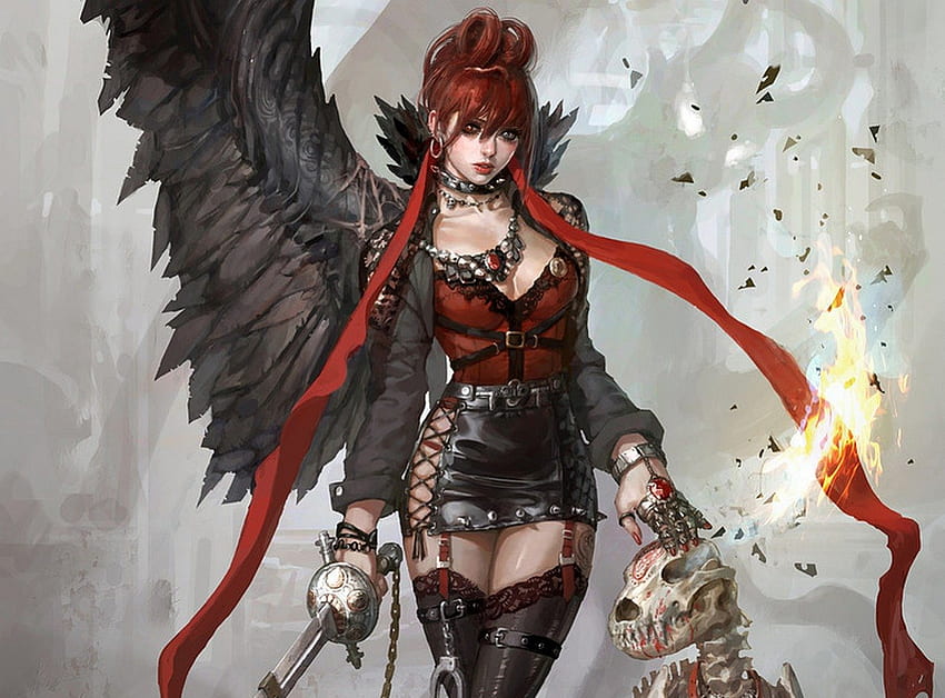 Тъмен ангел, скелет на куче, меч, червено, шал, ангел HD тапет