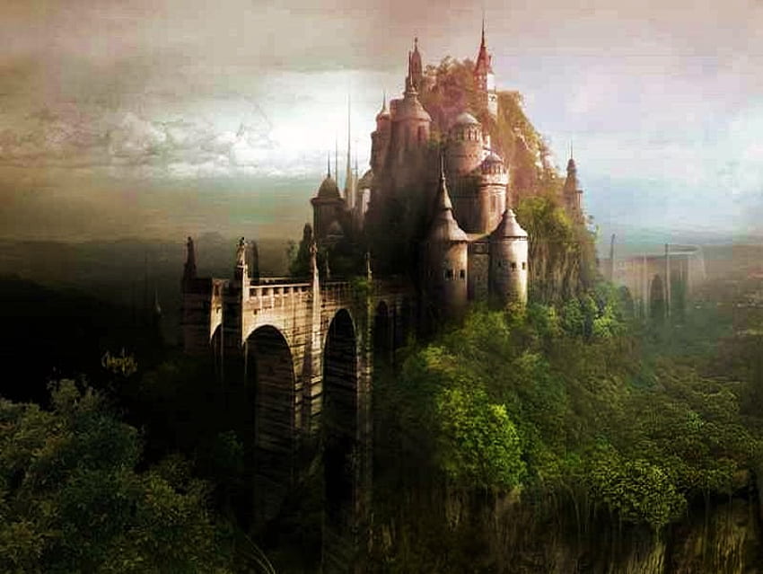 Cielo del castillo, río, copas de los árboles, antiguo, roca, en lo alto de las montañas, acantilados, torretas, verde, castillo fondo de pantalla