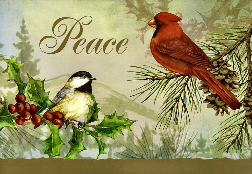 Songbirds Peace F1, winter, December, art, illustration, artwork, scenery, occasion, wide screen, holiday, painting, Christmas HD wallpaper