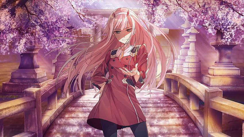Darling In The FranXX Zero Two Hiro Zero Two With Red Dress With Background Of Steps Sunbeam Purple Flowers Anime . . ID HD wallpaper