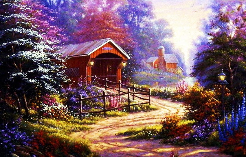 Passage to Yesterday, artwork, painting, path, trees, flowers, covered Bridge HD wallpaper